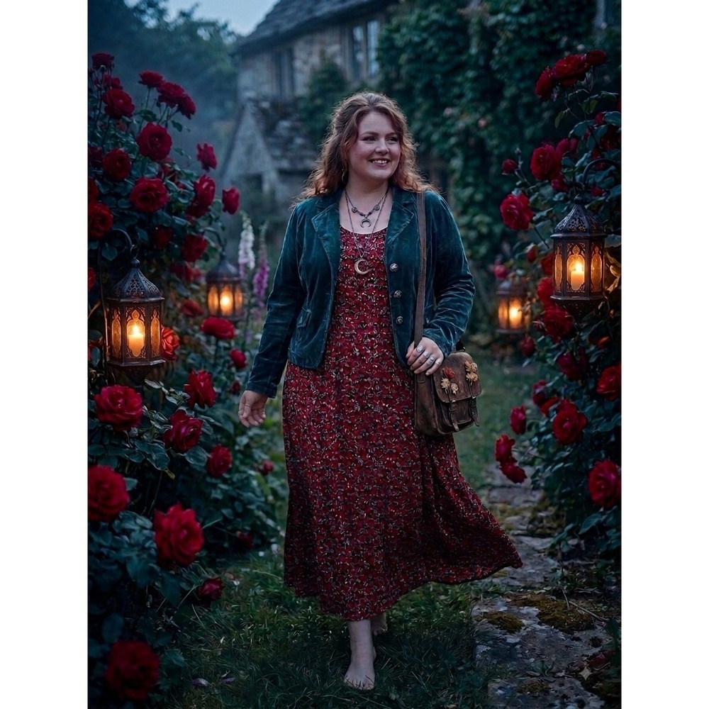 VTG JBS Plus 20W  Rayon Red Black Romantic Floral Dress Maxi Cottage 90s Grunge
